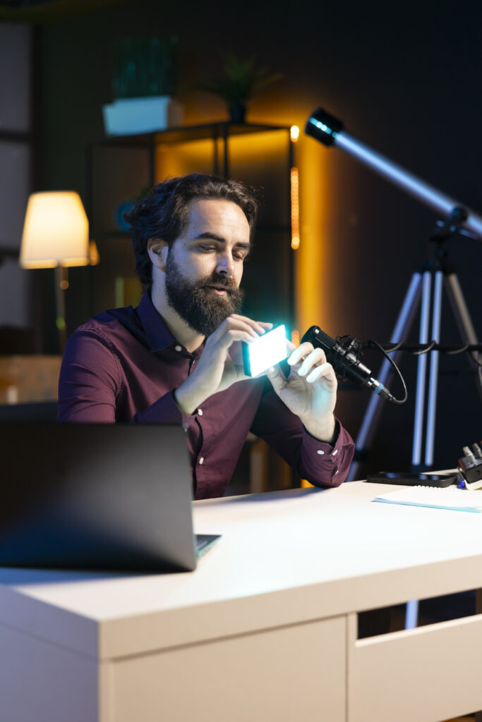 content creator discussing with viewers about mini led lights during live broadcast