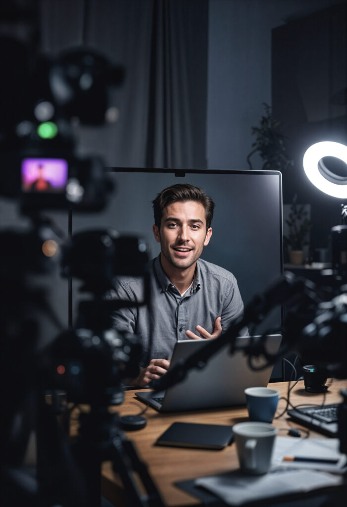 man recording video blog