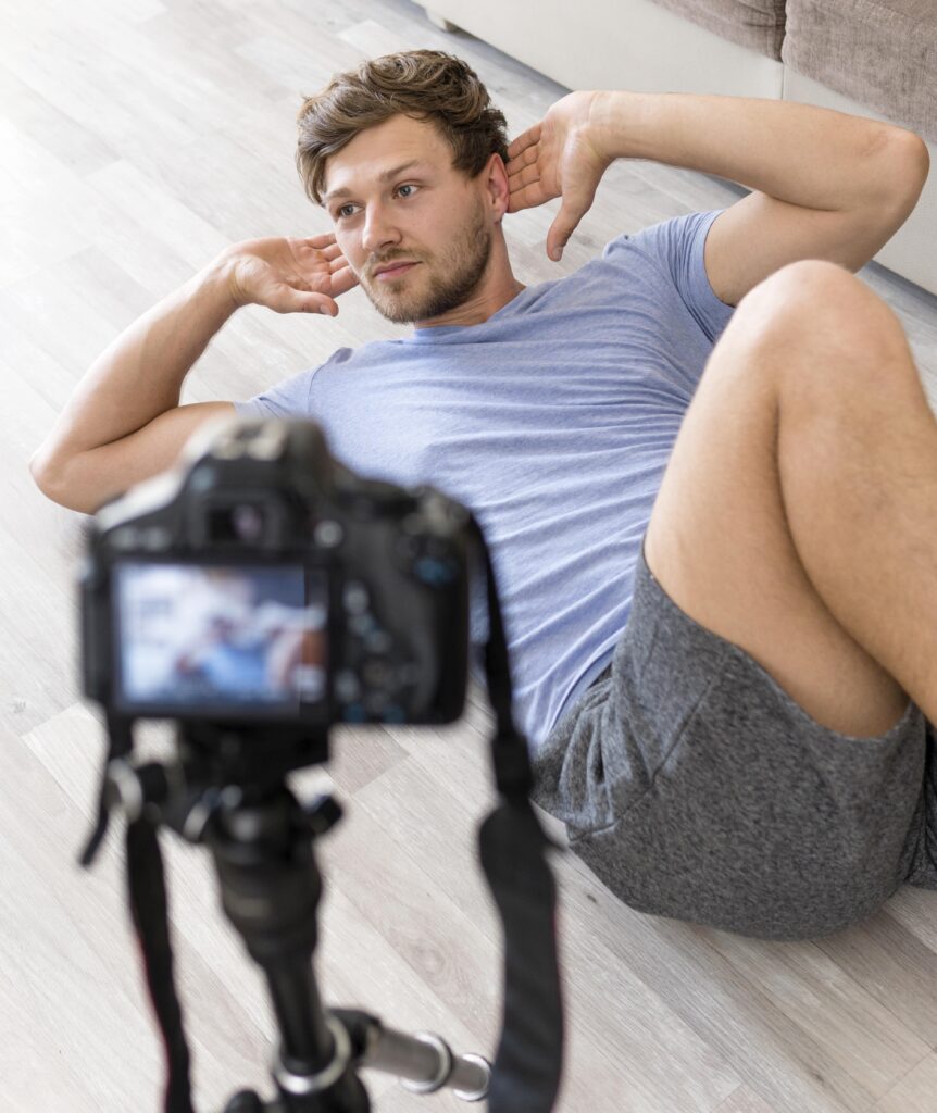 portrait adult male exercising home